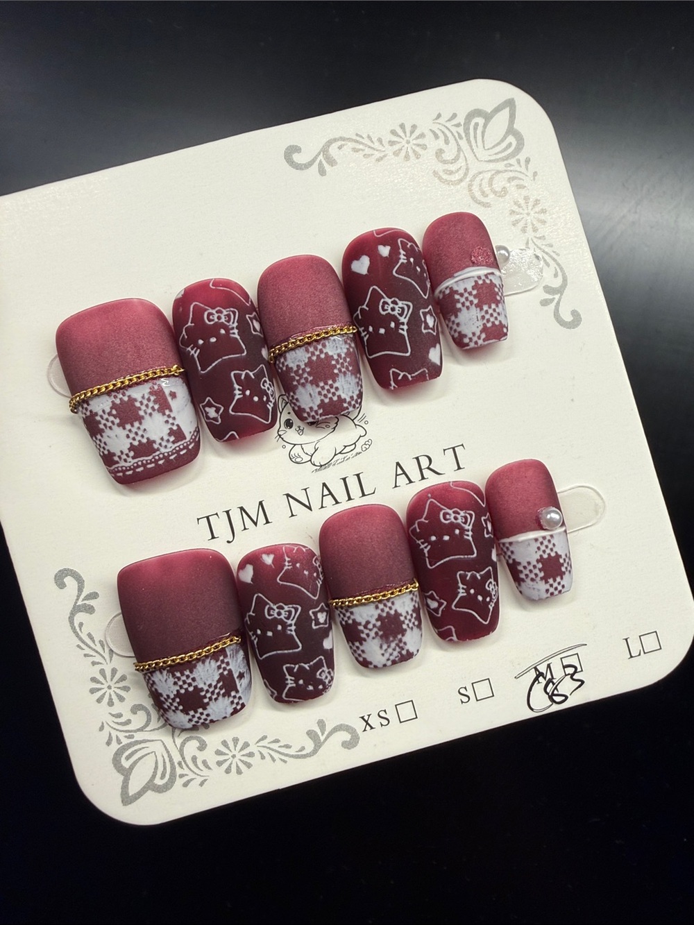 Burgundy Hello Kitty Patterned Press-On Nails Medium